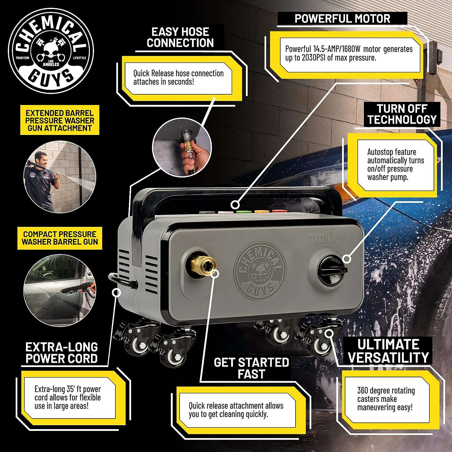 Chemical Guys EQP408 ProFlow Performance Electric Pressure Washer PM2000, 14.5-Amp Motor 2030 Max PSI, 1.77 GPM, Includes 5 Full Range QC Tips - 3