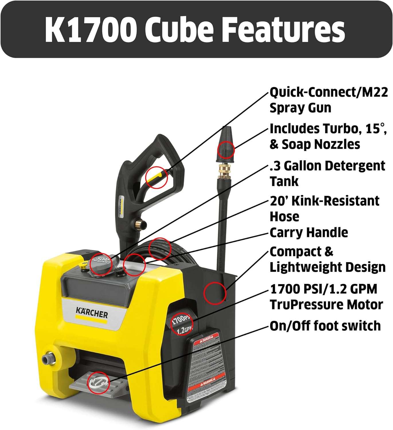 Kärcher - K1700 Cube TruPressure Electric Pressure Washer - 1700 PSI - 2125 Max PSI Power Washer - With 3 Nozzles for Cleaning Cars, Siding, Driveways - 3