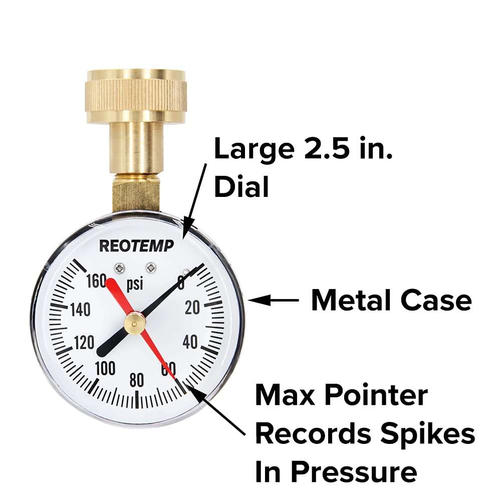 Reotemp PD25H 2.5 Home Water Pressure Test Gauge with Max Pointer, 0-160 PSI, 3-4 Female Garden Hose Thread, Hose Bib Gauge - 3