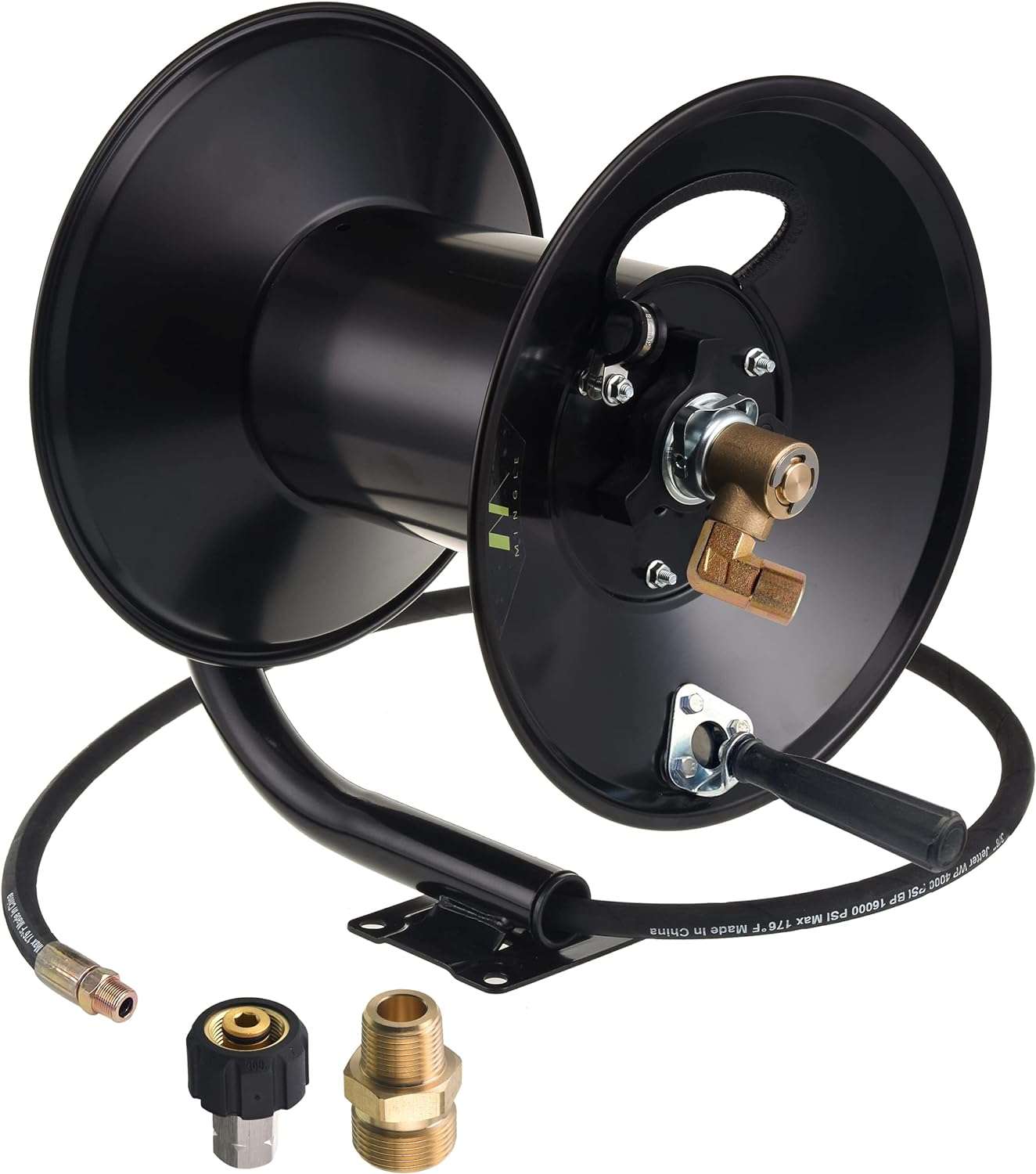 M MINGLE High Pressure Washer Hose Reel 150ft, Heavy Duty Steel Hose Reel, Manual Crank Power Washer Hose Reel with 3-8 Pressure Wash Whip Hose - 1