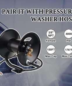M MINGLE High Pressure Washer Hose Reel 150ft, Heavy Duty Steel Hose Reel, Manual Crank Power Washer Hose Reel with 3-8 Pressure Wash Whip Hose - 3
