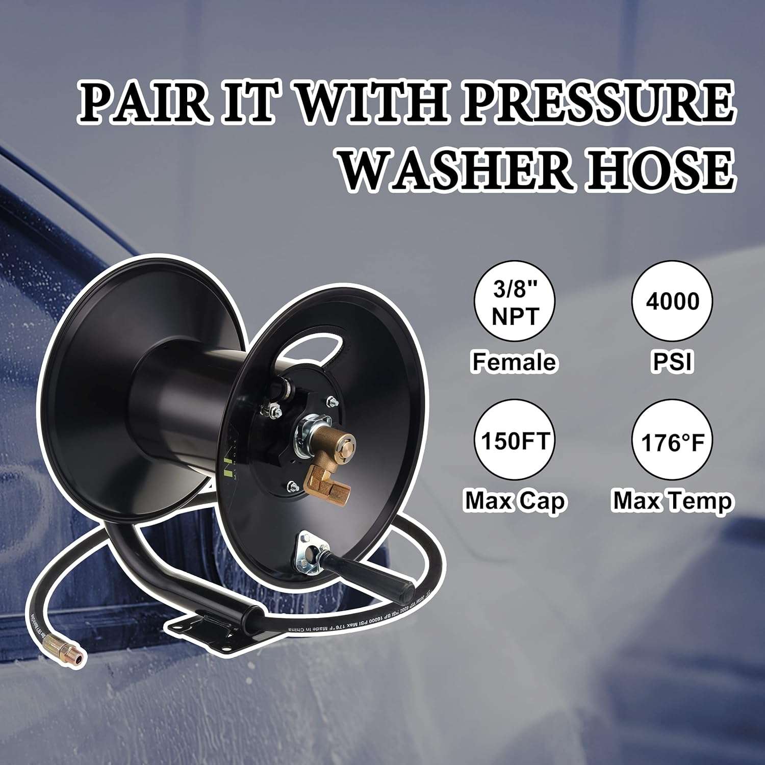 M MINGLE High Pressure Washer Hose Reel 150ft, Heavy Duty Steel Hose Reel, Manual Crank Power Washer Hose Reel with 3-8 Pressure Wash Whip Hose - 3