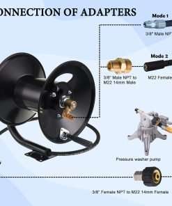 M MINGLE High Pressure Washer Hose Reel 150ft, Heavy Duty Steel Hose Reel, Manual Crank Power Washer Hose Reel with 3-8 Pressure Wash Whip Hose - 4