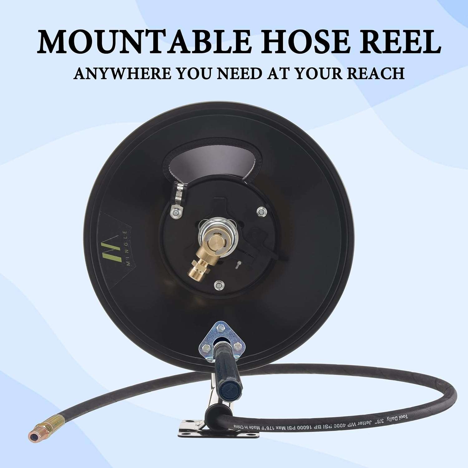 M MINGLE High Pressure Washer Hose Reel 150ft, Heavy Duty Steel Hose Reel, Manual Crank Power Washer Hose Reel with 3-8 Pressure Wash Whip Hose - 7