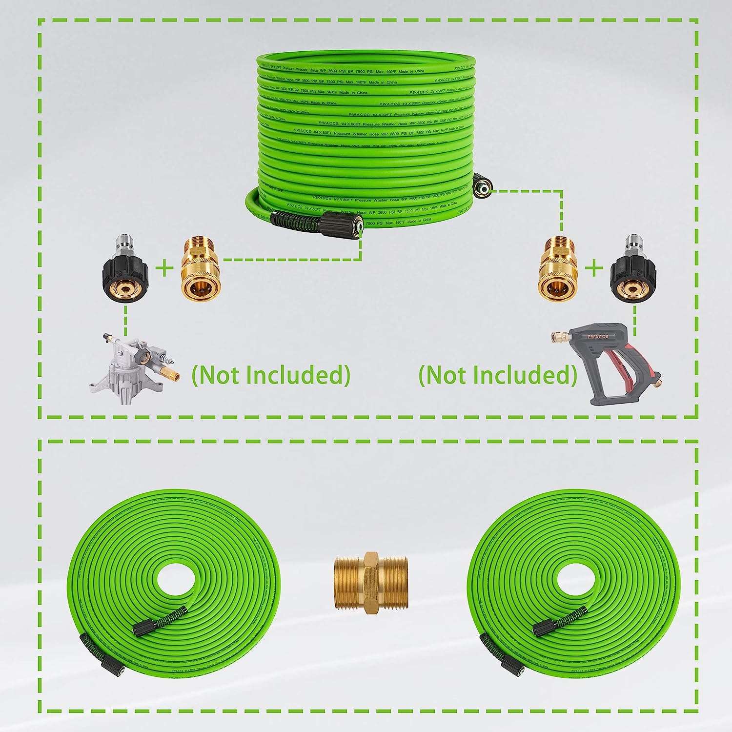 PWACCS Pressure Washer Hose for Power Washer – 3600 PSI Kink Resistant Pressure Washing Extension Hose 50 FT x 1-4 – Universal Electric Power Wash Hose for Replacement – 5