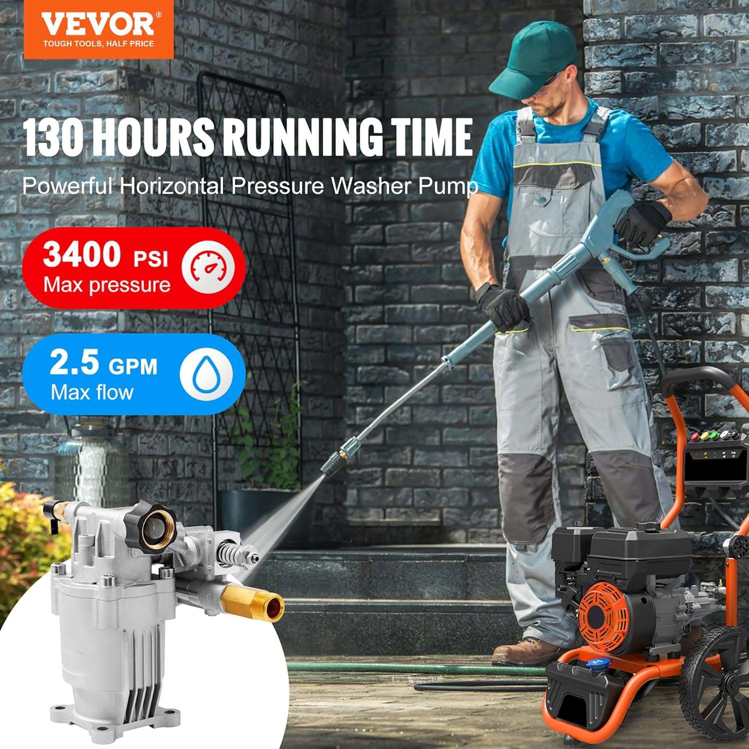 VEVOR Pressure Washer Pump, 3-4 Shaft Horizontal, 3400 PSI, 2.5 GPM, Replacement Power Washer Pumps Kit, Parts Washer Pump, Compatible - 3