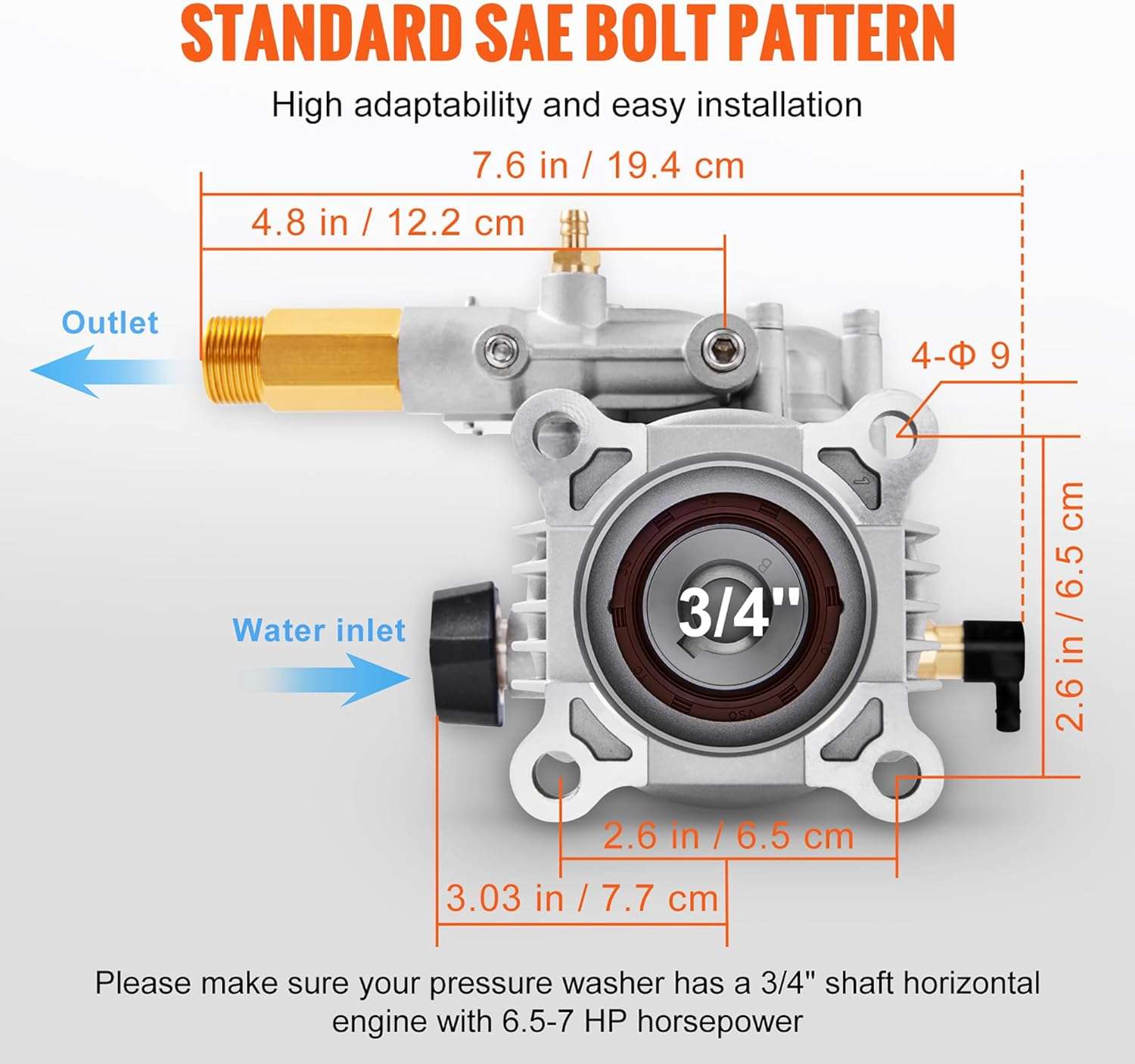 VEVOR Pressure Washer Pump, 3-4 Shaft Horizontal, 3400 PSI, 2.5 GPM, Replacement Power Washer Pumps Kit, Parts Washer Pump, Compatible - 4
