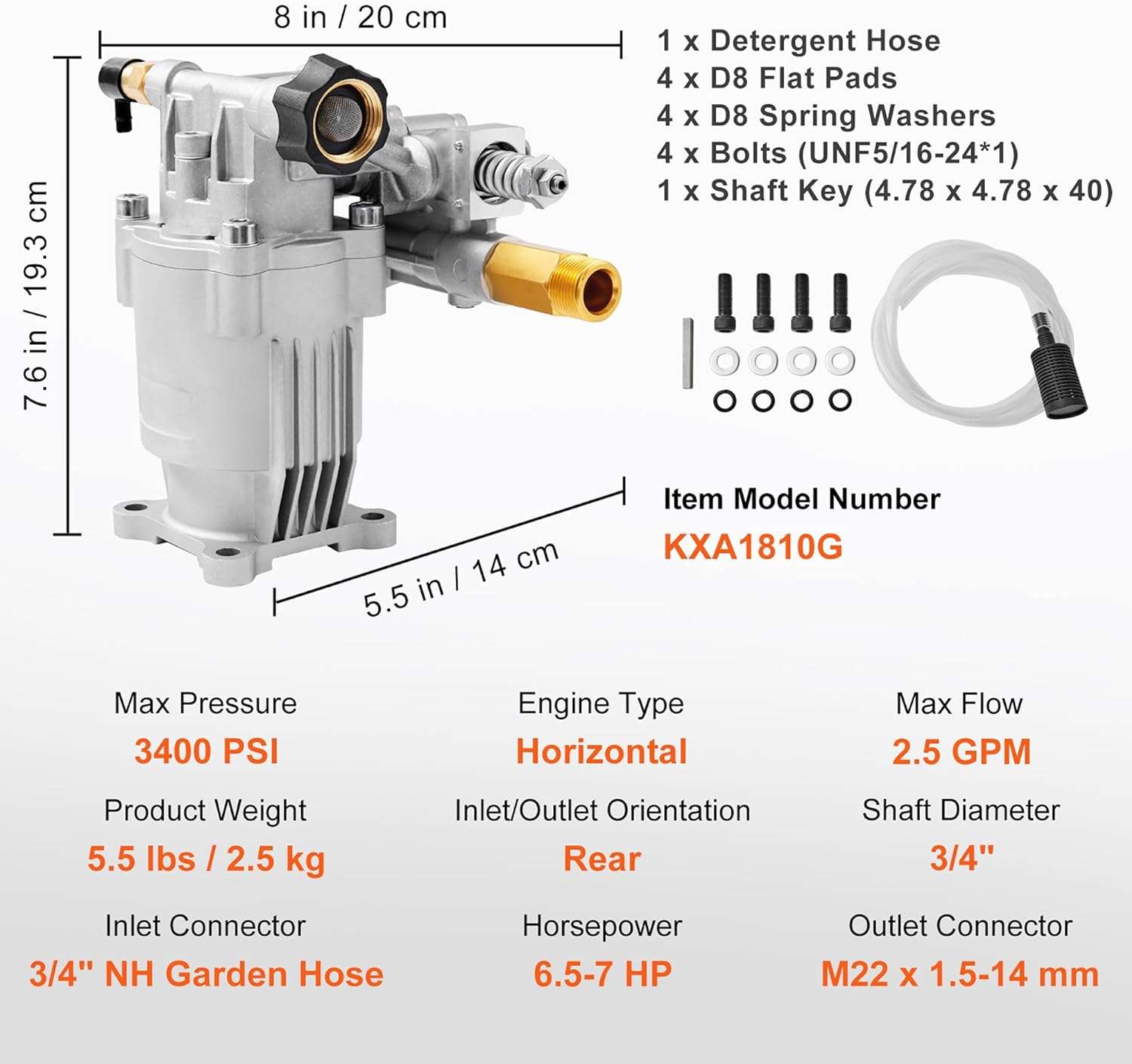 VEVOR Pressure Washer Pump, 3-4 Shaft Horizontal, 3400 PSI, 2.5 GPM, Replacement Power Washer Pumps Kit, Parts Washer Pump, Compatible - 8