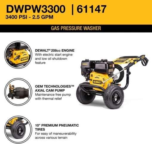 Dewalt DXPW3300-S 3300 PSI Gas Pressure Washer, 2.4 GPM Axial Cam Pump, 208cc Engine, Spray Gun and Wand, 5 QC Nozzles, 1-4-in. x 25-ft. Hose, 49-State - 3
