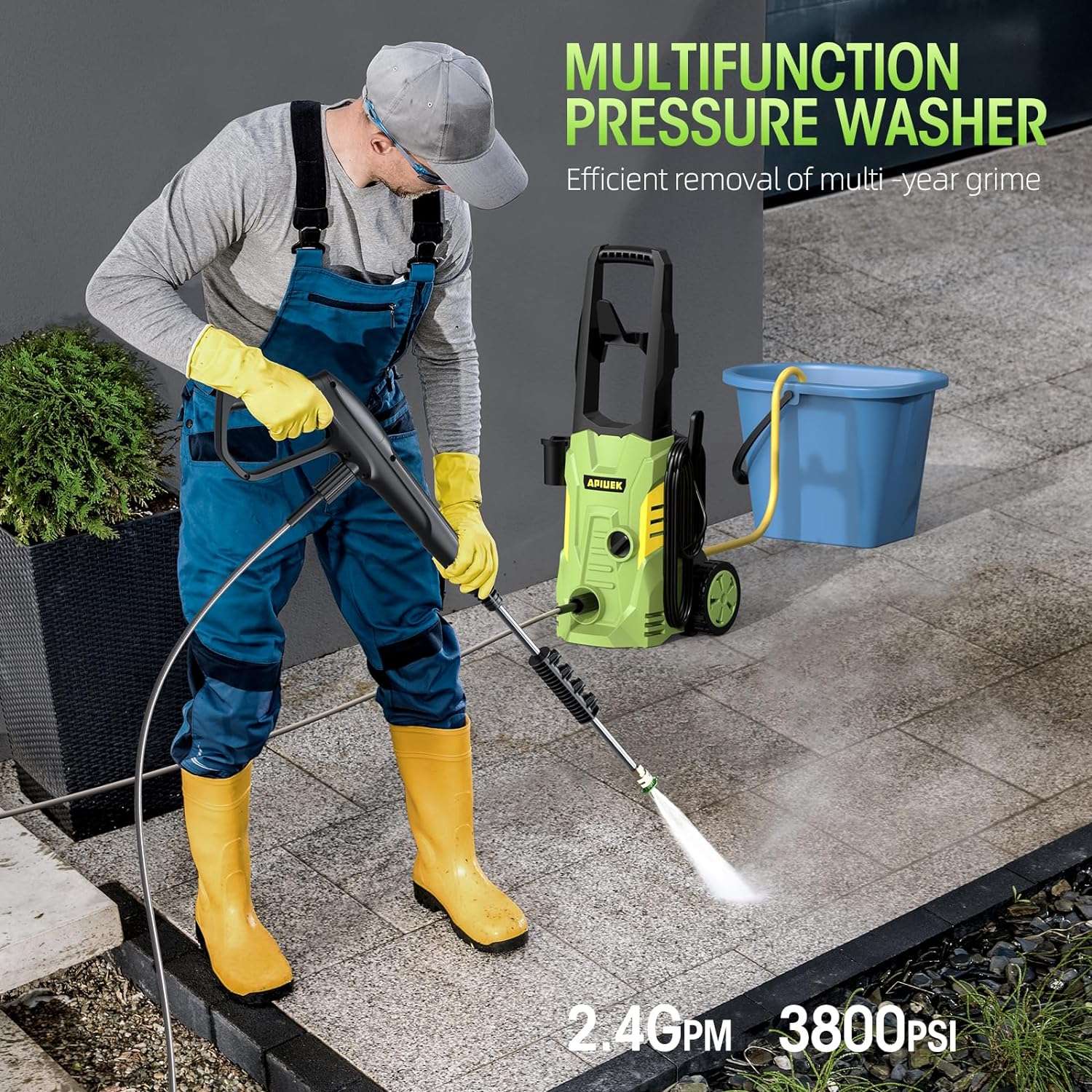 Electric High Pressure Washer - Apiuek Portable Washer with 23 FT Water Outlet & 6.6 FT Inlet Hose, Upgraded Foam Cannon, 4 Nozzle Set, Cleans Patios-Cars-Fences-Windows, 3800PSI 2.4GPM - 2