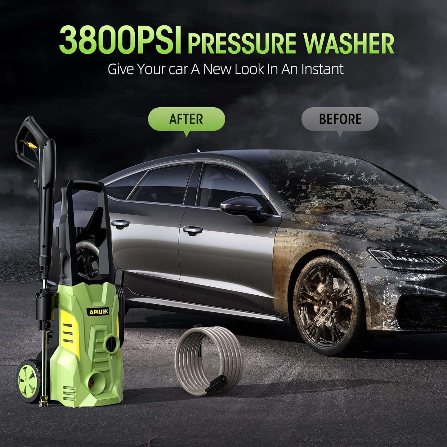 Electric High Pressure Washer - Apiuek Portable Washer with 23 FT Water Outlet & 6.6 FT Inlet Hose, Upgraded Foam Cannon, 4 Nozzle Set, Cleans Patios-Cars-Fences-Windows, 3800PSI 2.4GPM - 6