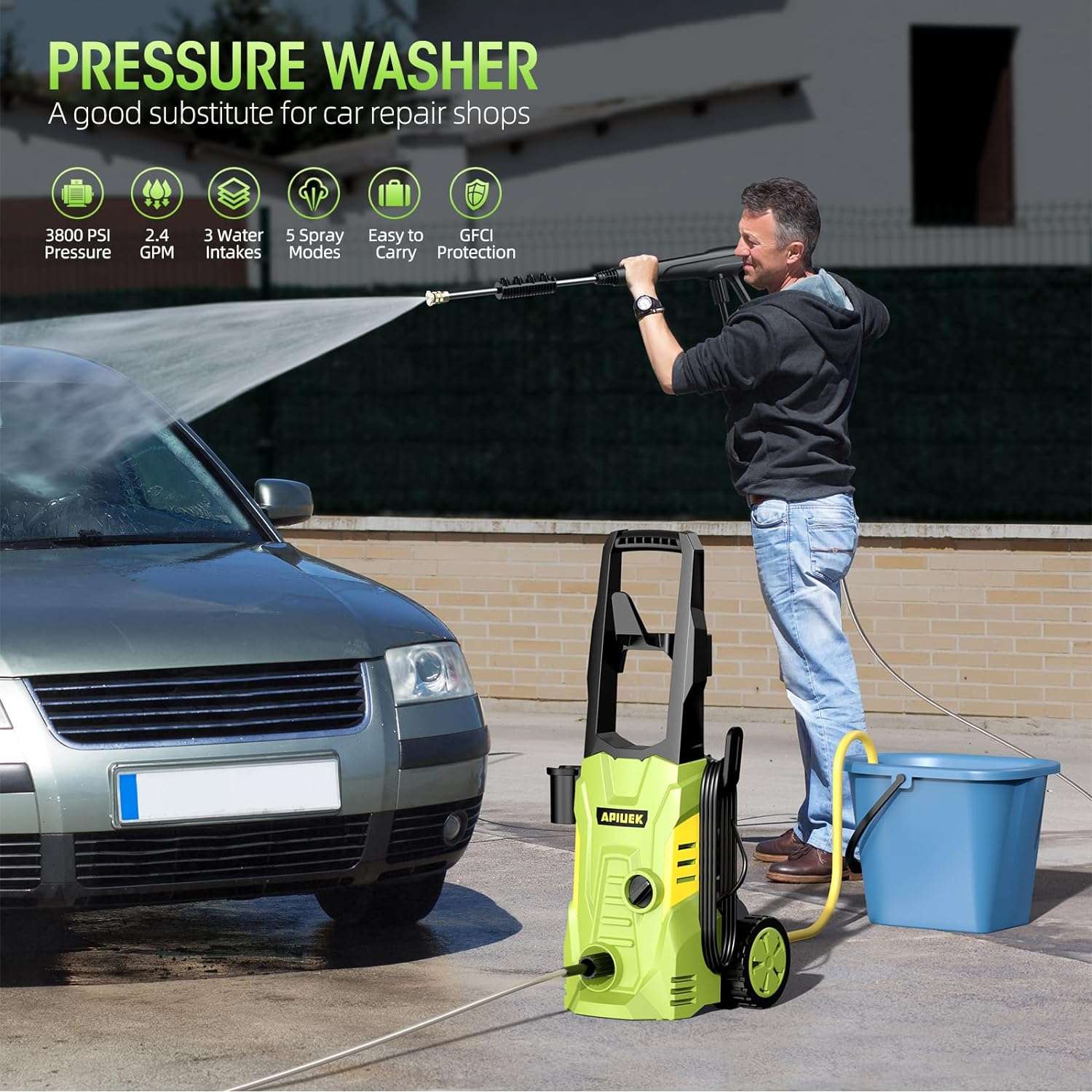 Electric High Pressure Washer - Apiuek Portable Washer with 23 FT Water Outlet & 6.6 FT Inlet Hose, Upgraded Foam Cannon, 4 Nozzle Set, Cleans Patios-Cars-Fences-Windows, 3800PSI 2.4GPM - 7