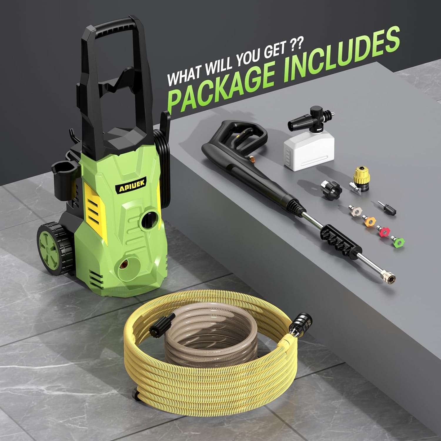 Electric High Pressure Washer - Apiuek Portable Washer with 23 FT Water Outlet & 6.6 FT Inlet Hose, Upgraded Foam Cannon, 4 Nozzle Set, Cleans Patios-Cars-Fences-Windows, 3800PSI 2.4GPM - 8