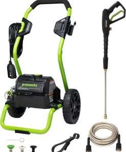 Greenworks 2000 PSI (13 Amp) Electric Pressure Washer (Wheels For Transport - 20 FT Hose - 35 FT Power Cord) Great For Cars, Fences, Patios, Driveways - 1