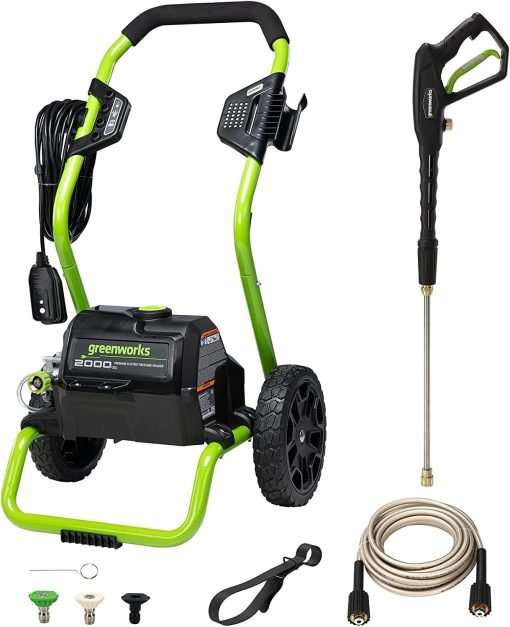 Greenworks 2000 PSI (13 Amp) Electric Pressure Washer (Wheels For Transport - 20 FT Hose - 35 FT Power Cord) Great For Cars, Fences, Patios, Driveways - 1