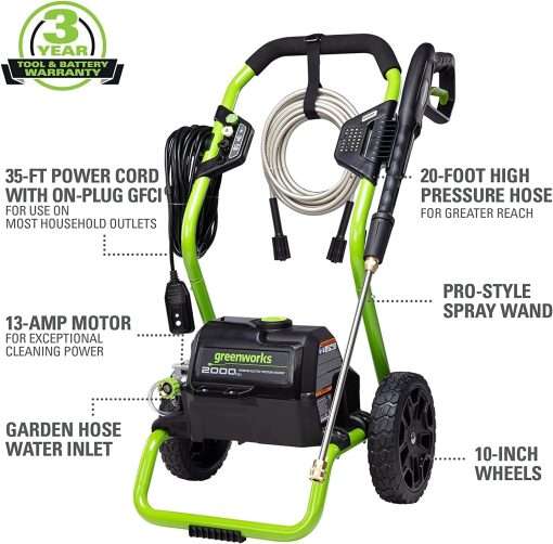 Greenworks 2000 PSI (13 Amp) Electric Pressure Washer (Wheels For Transport - 20 FT Hose - 35 FT Power Cord) Great For Cars, Fences, Patios, Driveways - 2