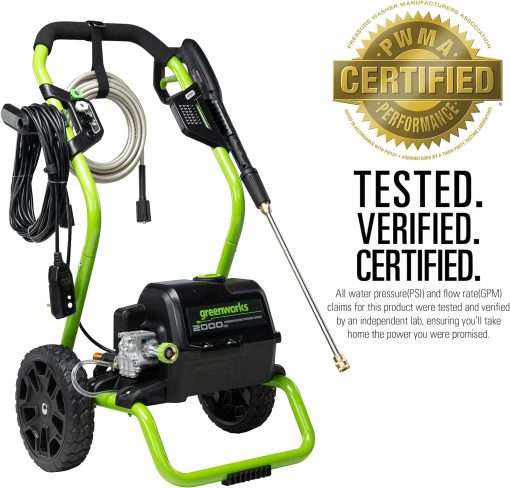 Greenworks 2000 PSI (13 Amp) Electric Pressure Washer (Wheels For Transport - 20 FT Hose - 35 FT Power Cord) Great For Cars, Fences, Patios, Driveways - 3