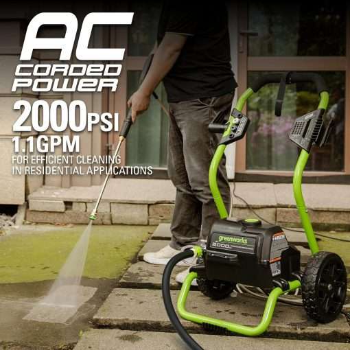 Greenworks 2000 PSI (13 Amp) Electric Pressure Washer (Wheels For Transport - 20 FT Hose - 35 FT Power Cord) Great For Cars, Fences, Patios, Driveways - 4