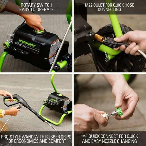 Greenworks 2000 PSI (13 Amp) Electric Pressure Washer (Wheels For Transport - 20 FT Hose - 35 FT Power Cord) Great For Cars, Fences, Patios, Driveways - 5