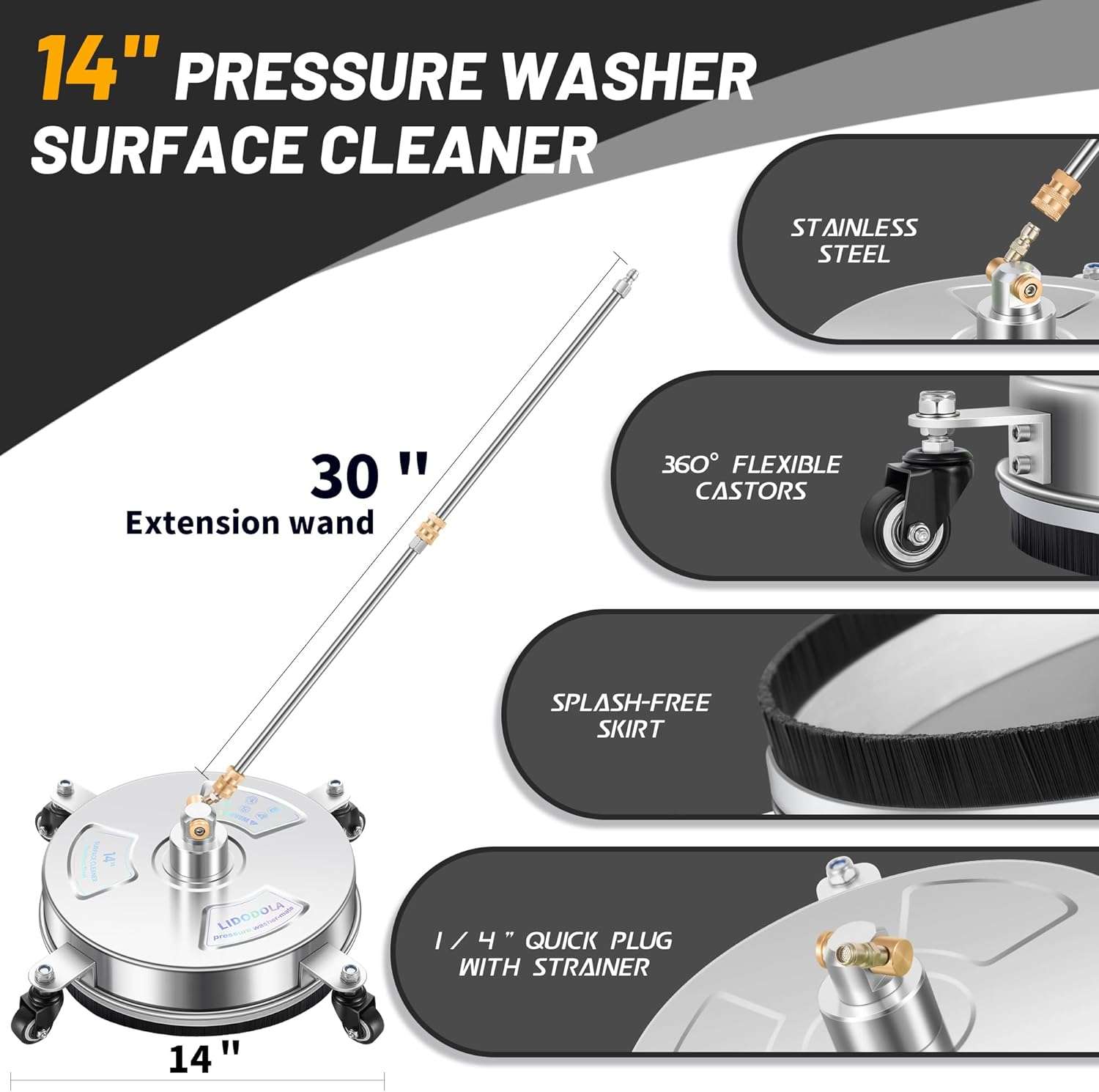 14 Pressure Washer Surface Cleaner with 4 Wheels - Stainless Steel Surface Cleaner for Pressure Washer Attachment for Concrete, Patio, Sidewalk, Deck and Driveways - 2