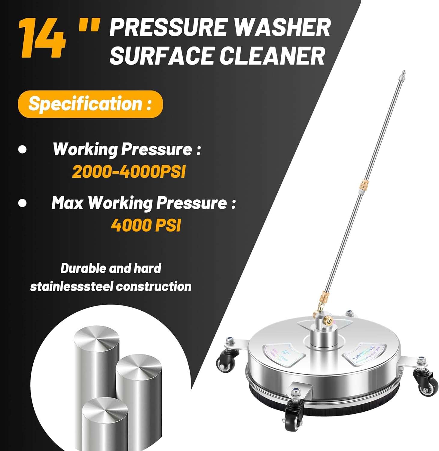 14 Pressure Washer Surface Cleaner with 4 Wheels - Stainless Steel Surface Cleaner for Pressure Washer Attachment for Concrete, Patio, Sidewalk, Deck and Driveways - 3