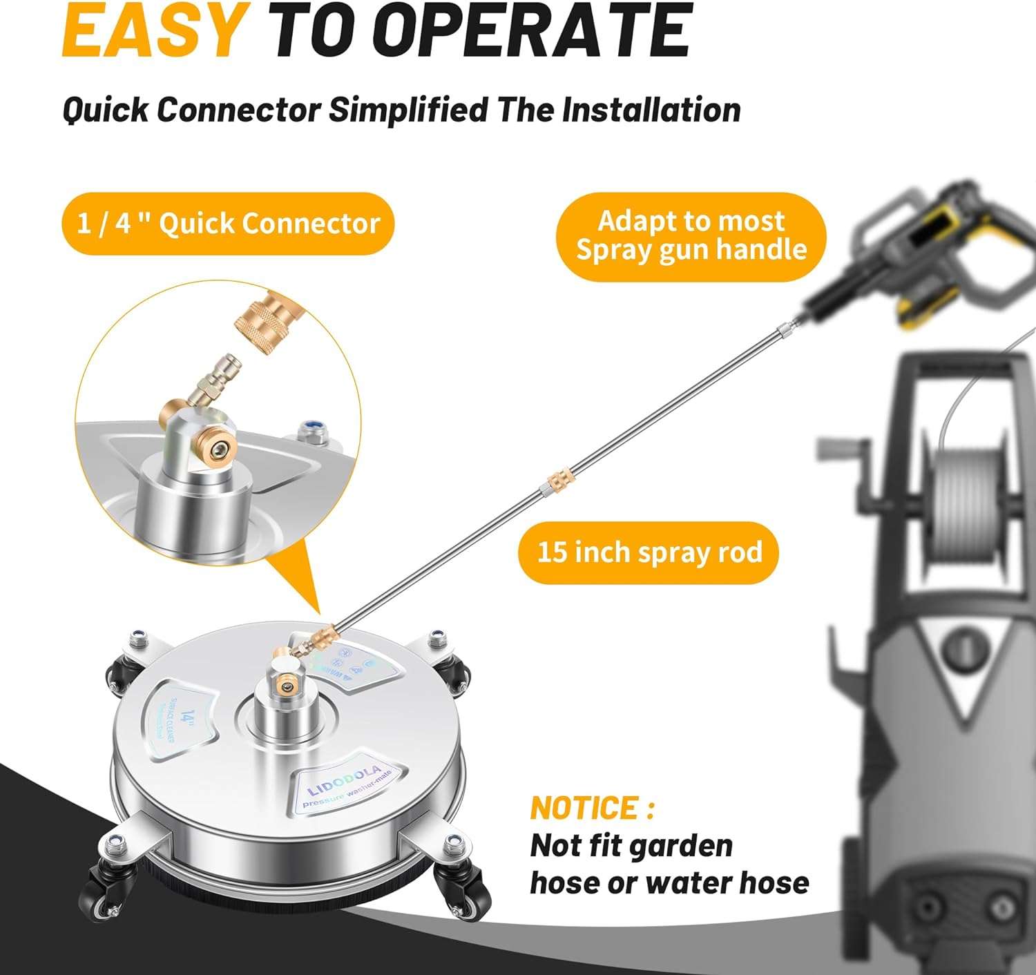 14 Pressure Washer Surface Cleaner with 4 Wheels - Stainless Steel Surface Cleaner for Pressure Washer Attachment for Concrete, Patio, Sidewalk, Deck and Driveways - 5