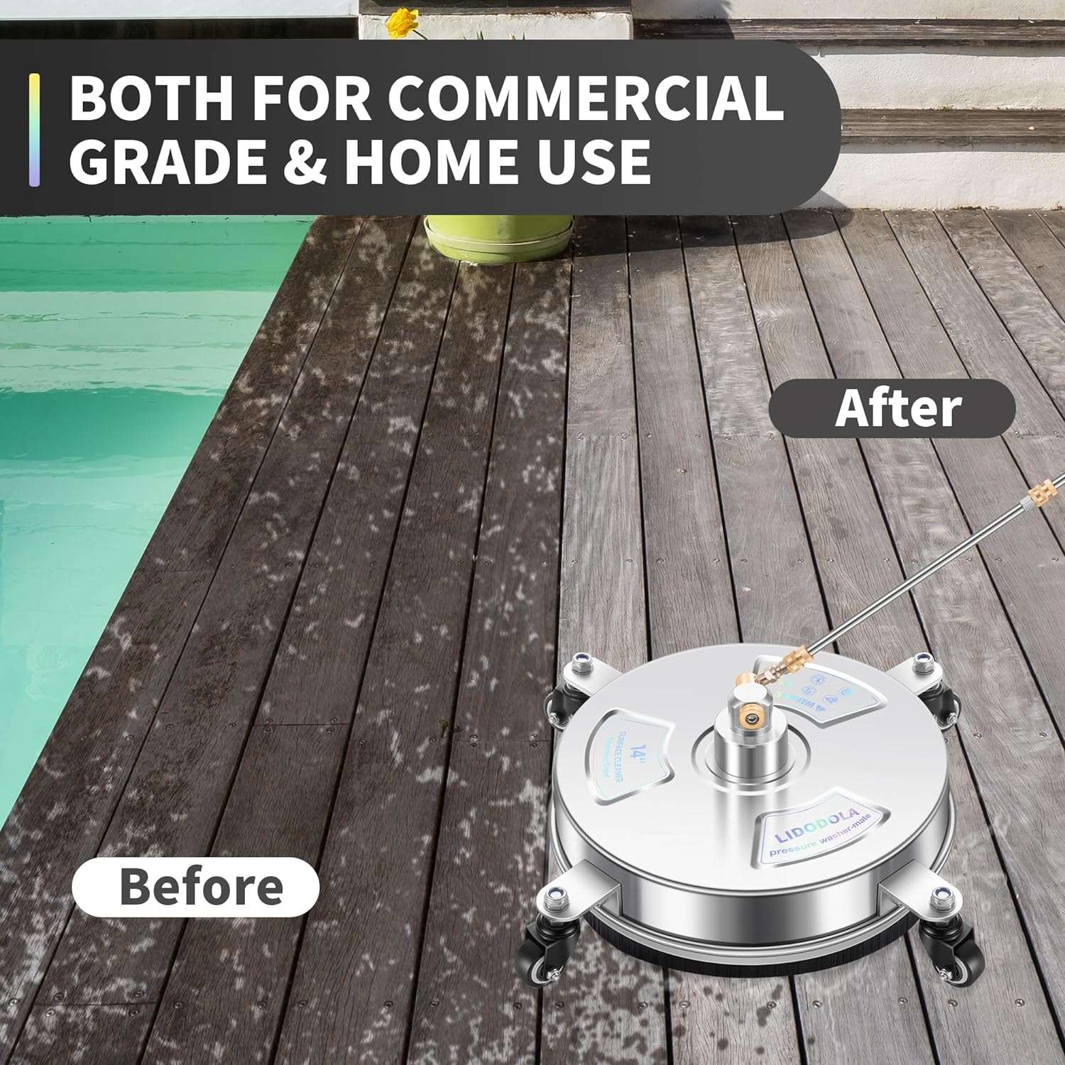 14 Pressure Washer Surface Cleaner with 4 Wheels - Stainless Steel Surface Cleaner for Pressure Washer Attachment for Concrete, Patio, Sidewalk, Deck and Driveways - 6