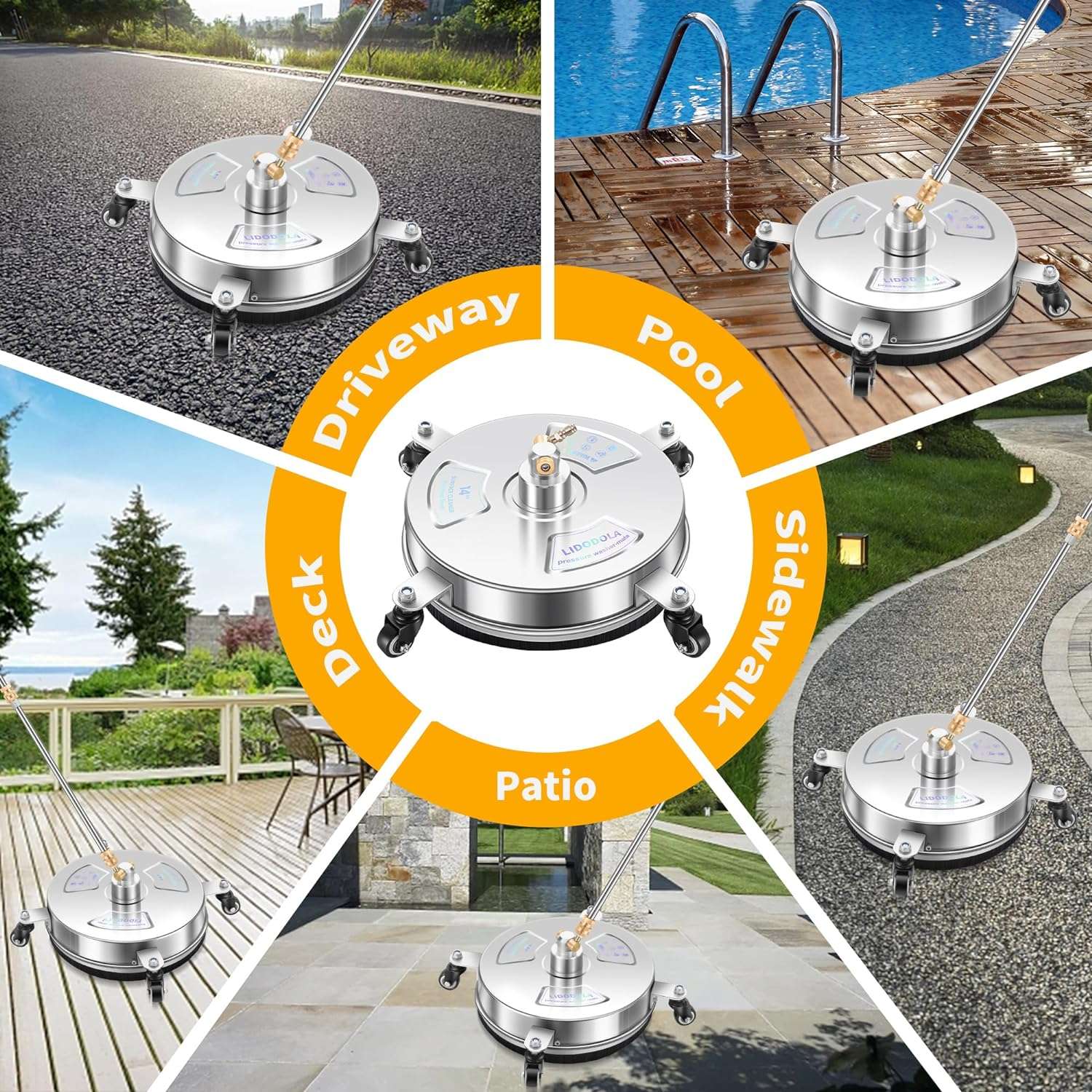 14 Pressure Washer Surface Cleaner with 4 Wheels - Stainless Steel Surface Cleaner for Pressure Washer Attachment for Concrete, Patio, Sidewalk, Deck and Driveways - 7