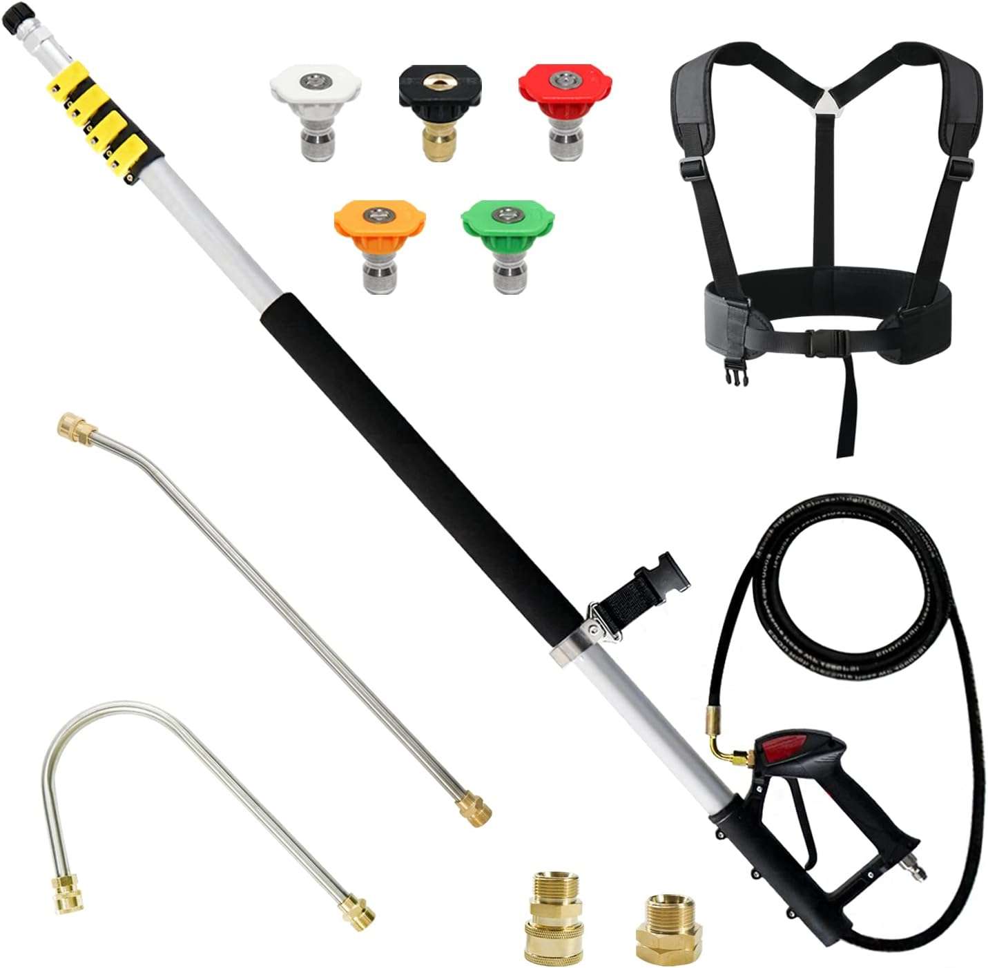 janz Aluminum 24 FT Telescoping Pressure Washer Wand with Pressure Washer Extension Wand,Gutter Cleaner Attachment, 5 Spray Nozzle Tips, 2 Hose Inlet Adapters and Support Harness - 1