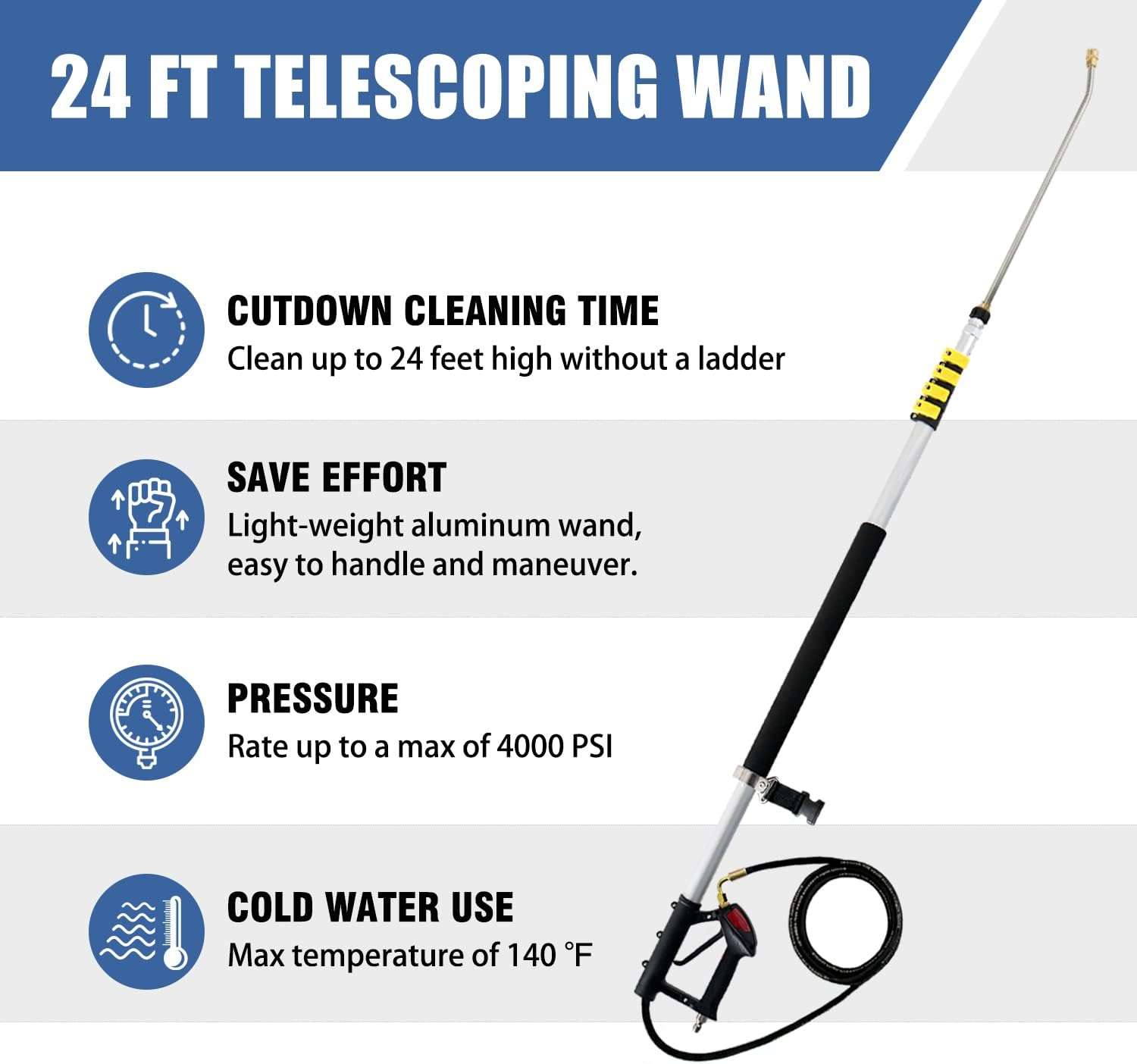 janz Aluminum 24 FT Telescoping Pressure Washer Wand with Pressure Washer Extension Wand,Gutter Cleaner Attachment, 5 Spray Nozzle Tips, 2 Hose Inlet Adapters and Support Harness - 2
