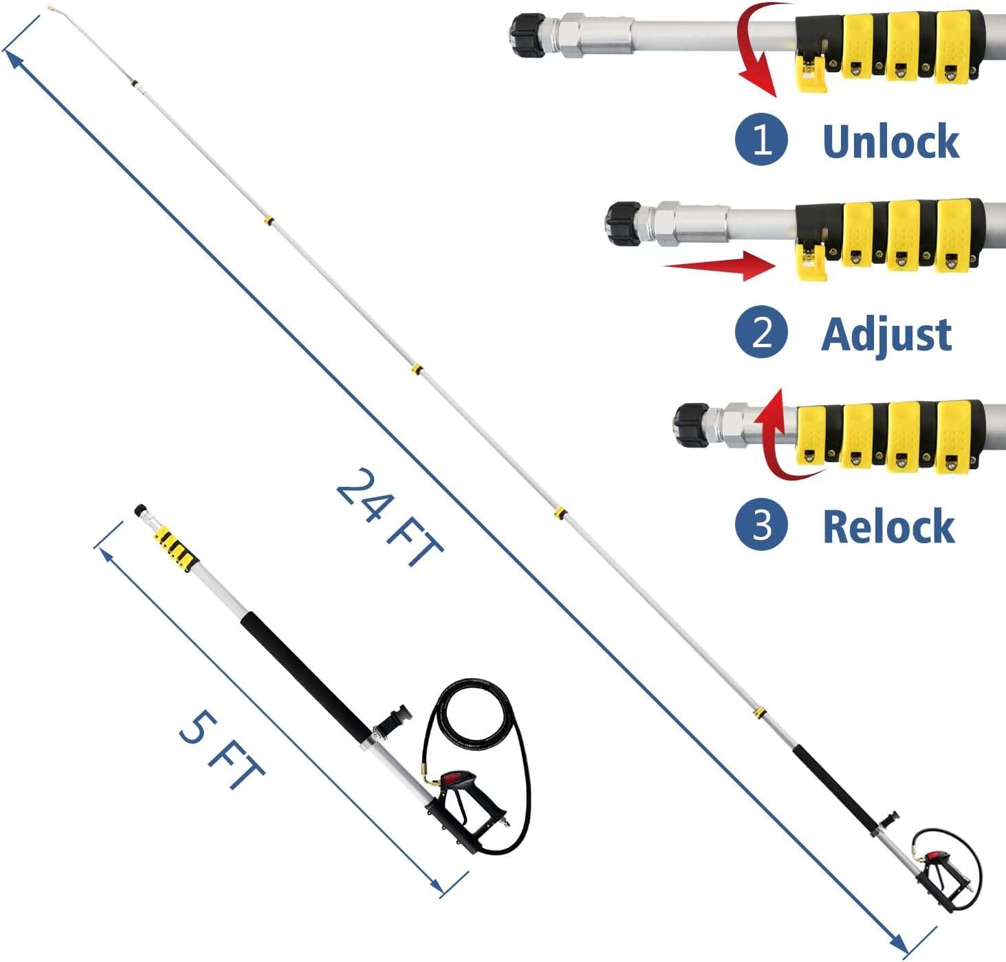 janz Aluminum 24 FT Telescoping Pressure Washer Wand with Pressure Washer Extension Wand,Gutter Cleaner Attachment, 5 Spray Nozzle Tips, 2 Hose Inlet Adapters and Support Harness - 3