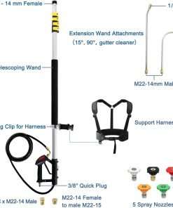 janz Aluminum 24 FT Telescoping Pressure Washer Wand with Pressure Washer Extension Wand,Gutter Cleaner Attachment, 5 Spray Nozzle Tips, 2 Hose Inlet Adapters and Support Harness - 5