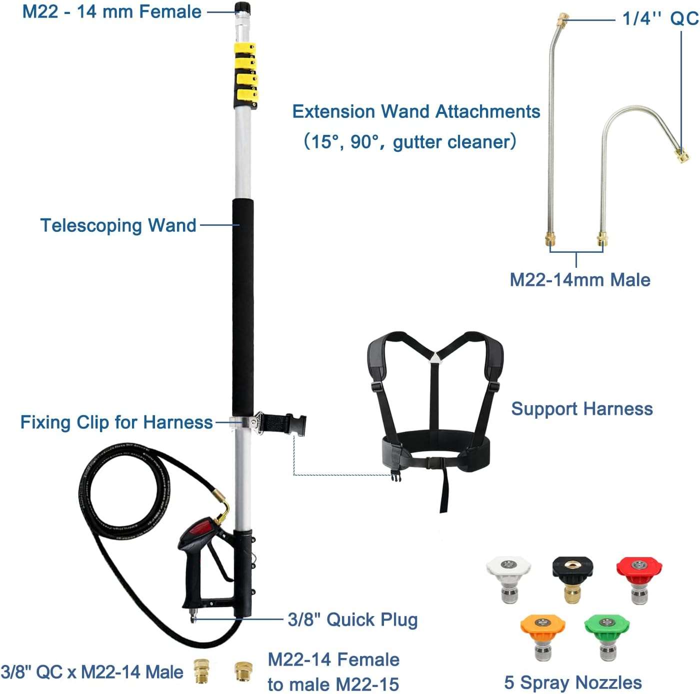 janz Aluminum 24 FT Telescoping Pressure Washer Wand with Pressure Washer Extension Wand,Gutter Cleaner Attachment, 5 Spray Nozzle Tips, 2 Hose Inlet Adapters and Support Harness - 5