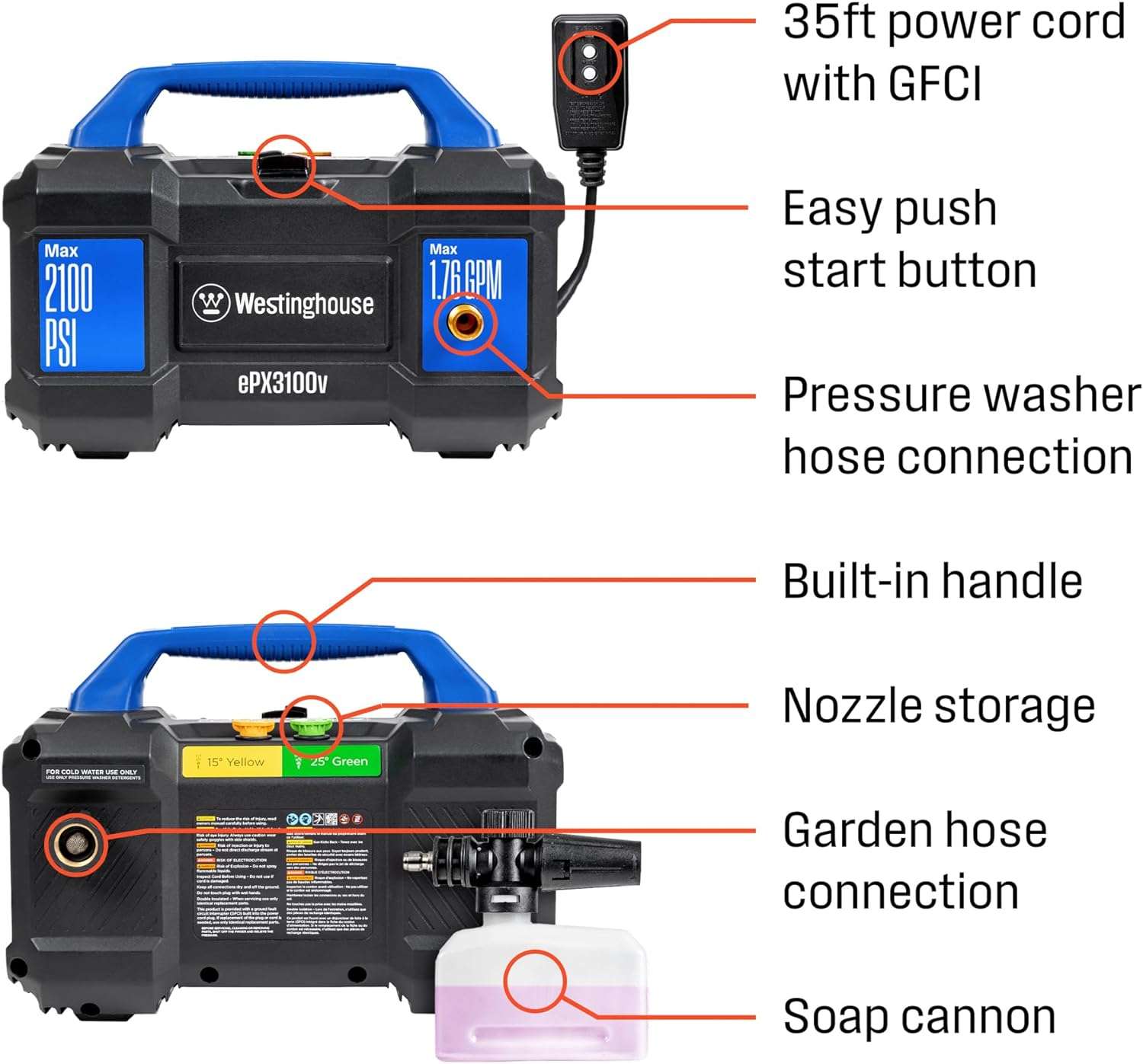 Westinghouse ePX3100v Electric Pressure Washer, 2100 Max PSI 1.76 Max GPM, Built-in Carry Handle, Detachable Foam Cannon, Pro-Style Steel Wand, 4-Nozzle Set - 8