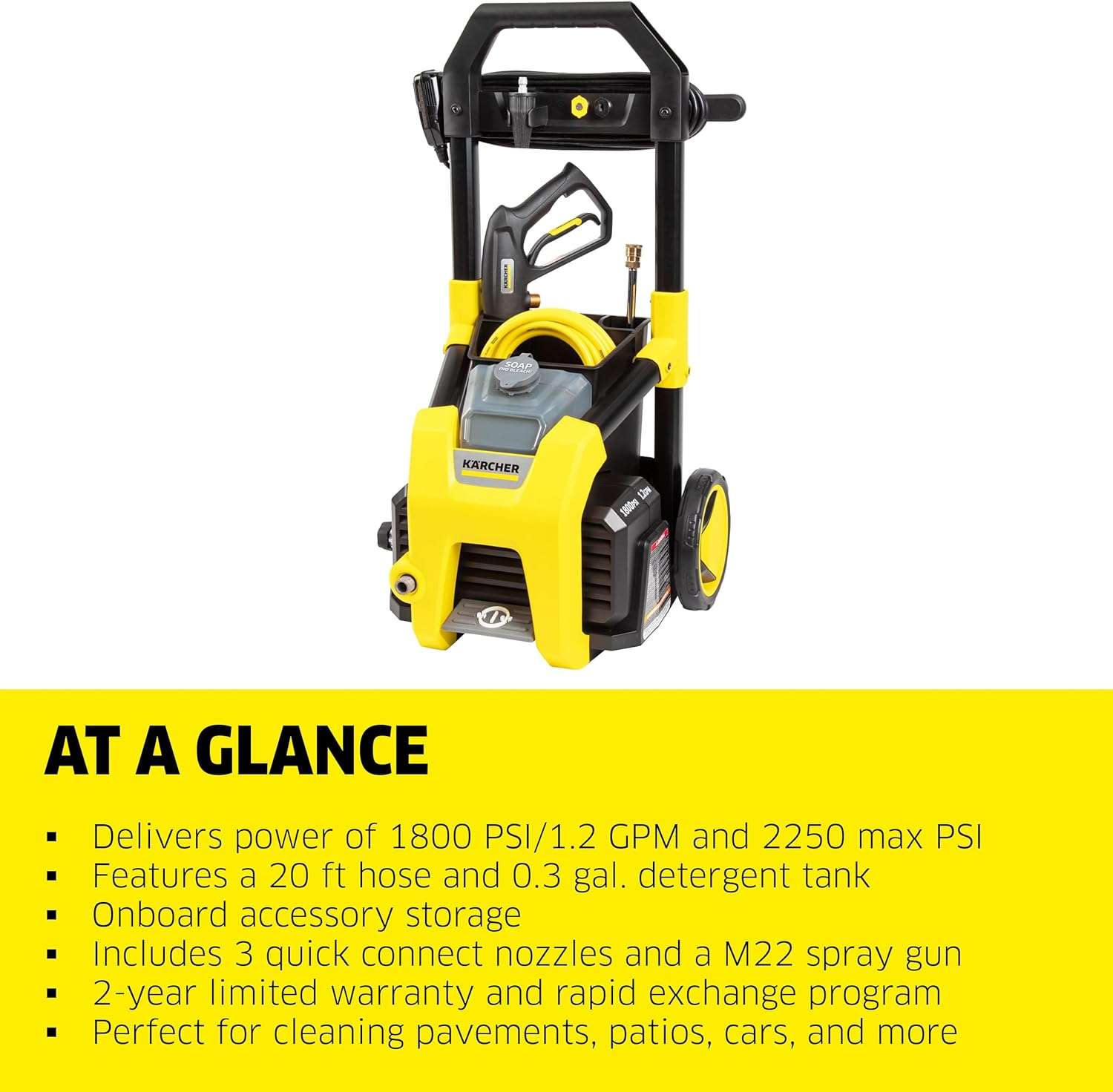 Kärcher K1800PS Max 2250 PSI Electric Pressure Washer with 3 Spray Nozzles - Great for cleaning Cars, Siding, Driveways, Fencing and more - 1.2 GPM - 2