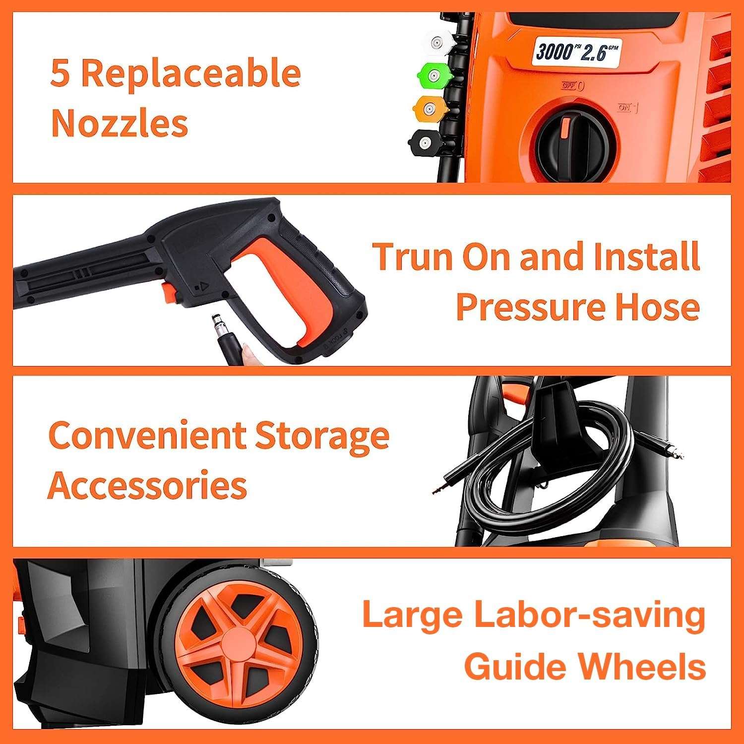 AIVOLT Electric Pressure Washer 3000PSI 2.6GPM High Pressure Power Washer Electric Powered 1800W Portable Pressure Cleaner Machine with 5 Nozzles for Car, Fence and Deck Cleaning - 5