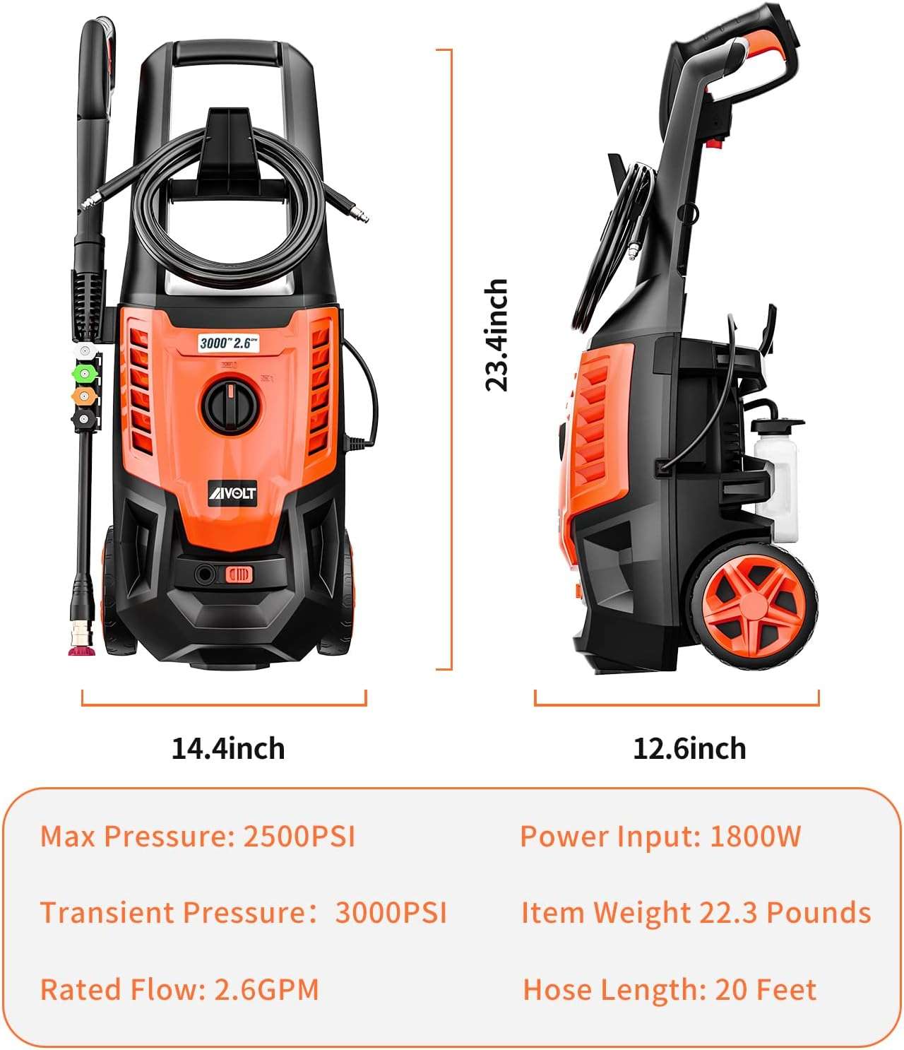 AIVOLT Electric Pressure Washer 3000PSI 2.6GPM High Pressure Power Washer Electric Powered 1800W Portable Pressure Cleaner Machine with 5 Nozzles for Car, Fence and Deck Cleaning - 9