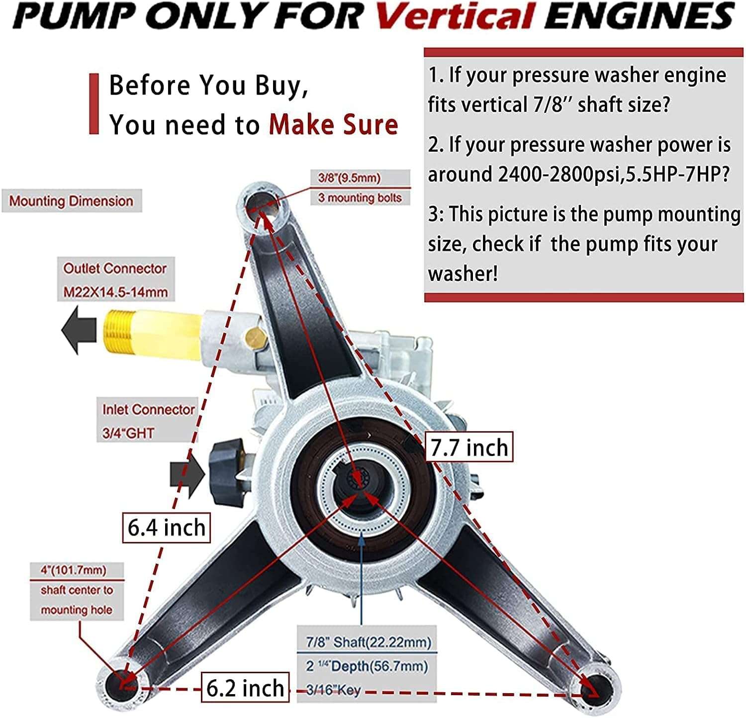 Pressure Washer Pump Replacement, 7-8 Shaft Vertical Pressure Pump, Power Washer Pumps, 2400-2800PSI Pumps Replacement for Pump Pressure Power Washer - 5