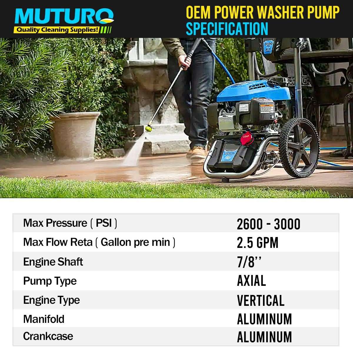 Vertical Pressure Washer Pump 7-8 Shaft, 3000 PSI, 2.5 GPM Replacement Power Washer Pump, Compatible with gcv190, 308653078, Rear facing, M22-14mm Outlet - 7