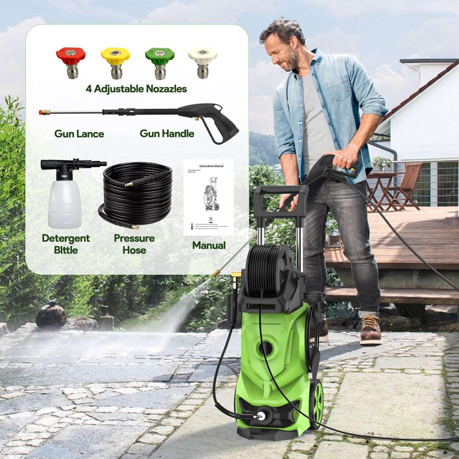 3000 PSI Pressure Washer - 2.6 GPM Portable Electric Power Washer with 4 Different Pressure Nozzles, Foam Cannon Soap Tank for Car Fences Driveway Patio Pool Clean - 5