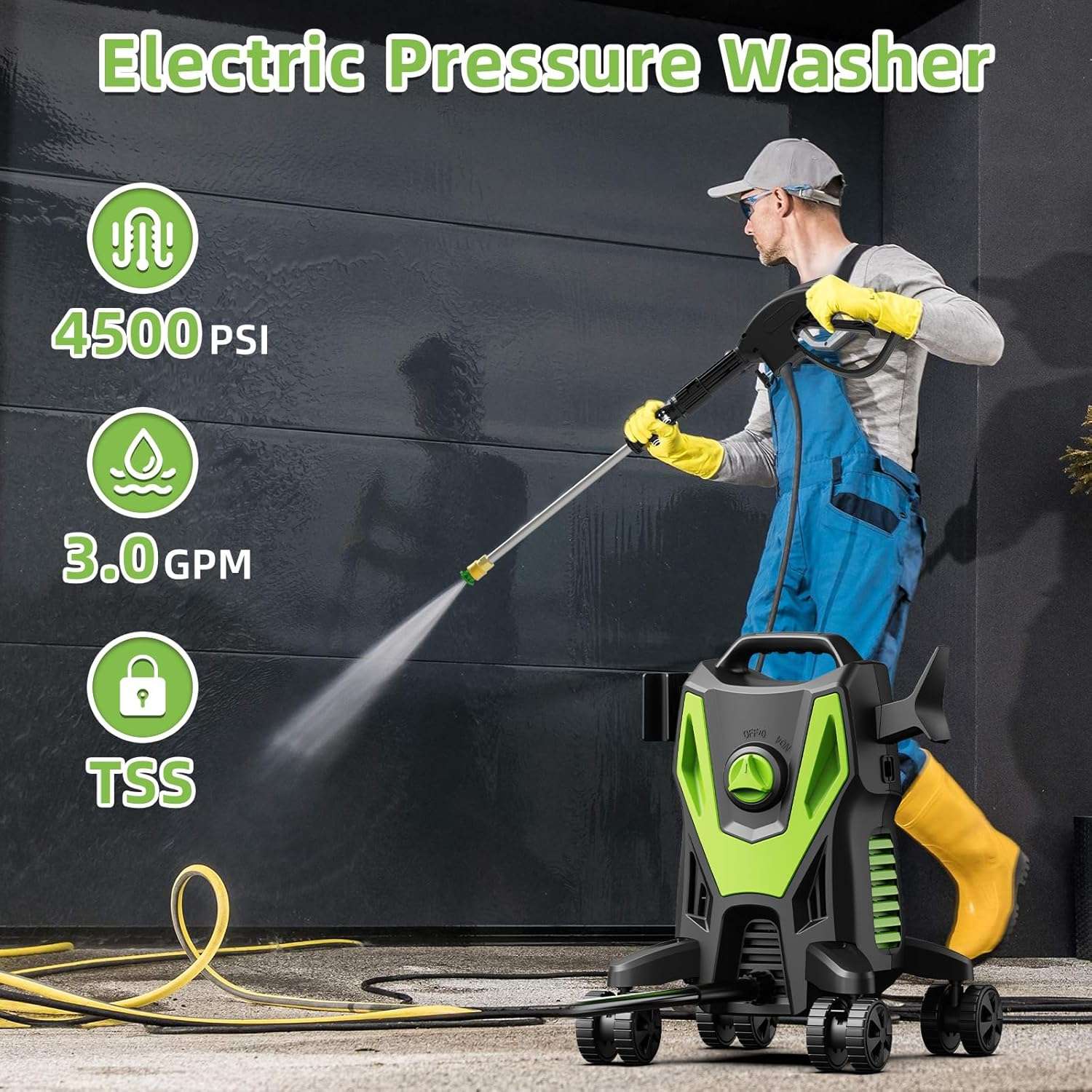 Electric Pressure Washer - 4500 PSI 3.0GPM Electric Power Washer with 4 Anti-Tipping Wheels, 4 Different Nozzles, 35FT Power Cord, Soap Cannon for Car, Garden, Yard, House, Green - 2