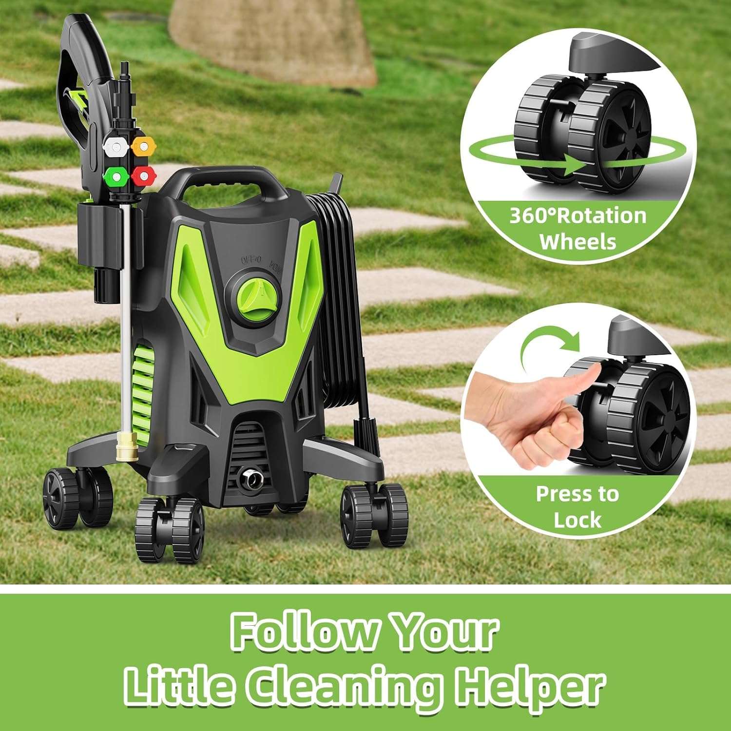 Electric Pressure Washer - 4500 PSI 3.0GPM Electric Power Washer with 4 Anti-Tipping Wheels, 4 Different Nozzles, 35FT Power Cord, Soap Cannon for Car, Garden, Yard, House, Green - 3