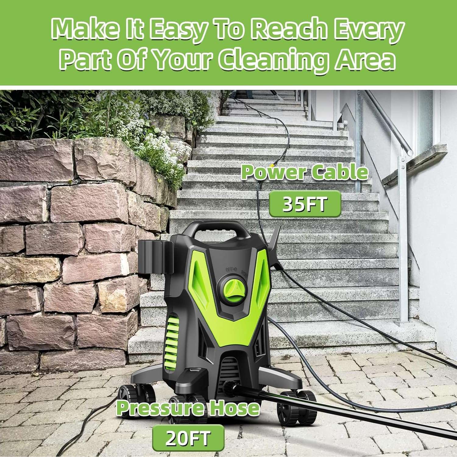 Electric Pressure Washer - 4500 PSI 3.0GPM Electric Power Washer with 4 Anti-Tipping Wheels, 4 Different Nozzles, 35FT Power Cord, Soap Cannon for Car, Garden, Yard, House, Green - 5