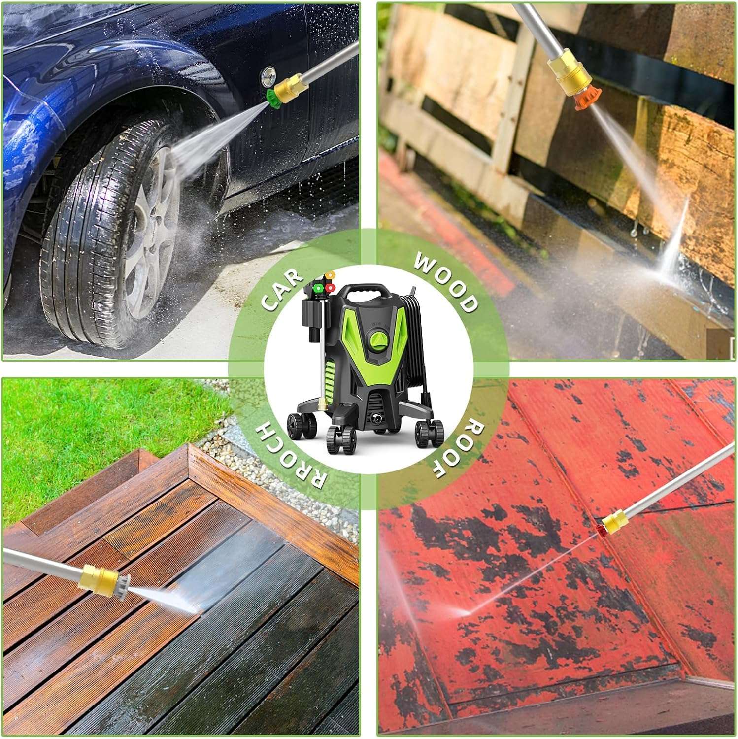 Electric Pressure Washer - 4500 PSI 3.0GPM Electric Power Washer with 4 Anti-Tipping Wheels, 4 Different Nozzles, 35FT Power Cord, Soap Cannon for Car, Garden, Yard, House, Green - 7