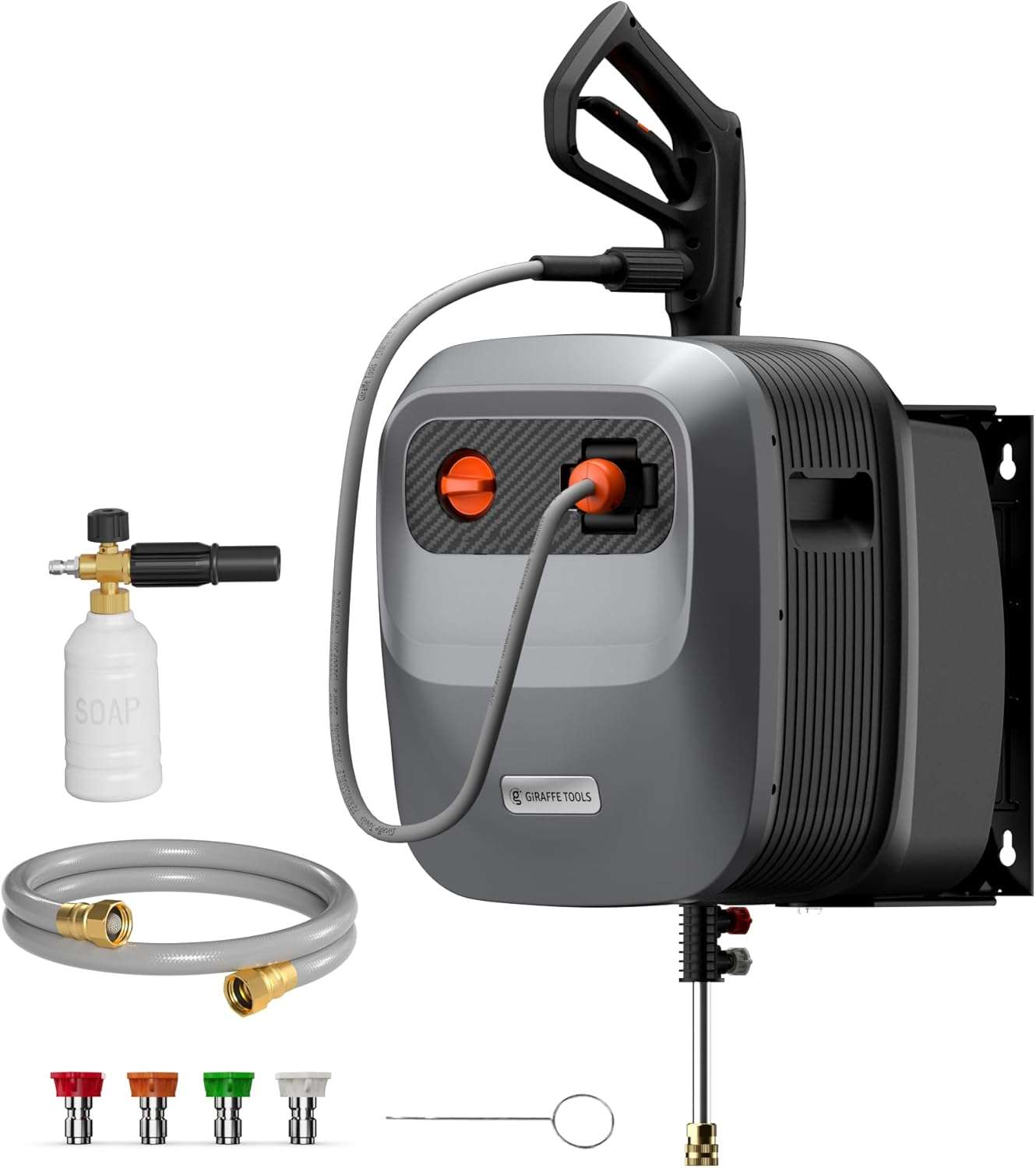 Giraffe Tools Grandfalls Pressure Washer G20 Pro, 2400 PSI 2.0 GPM, Wall Mounted Power Washer with 65FT Hose Reel, 4 Nozzles for Floor-Cars-Fences-Patios, Dark Silver - 1