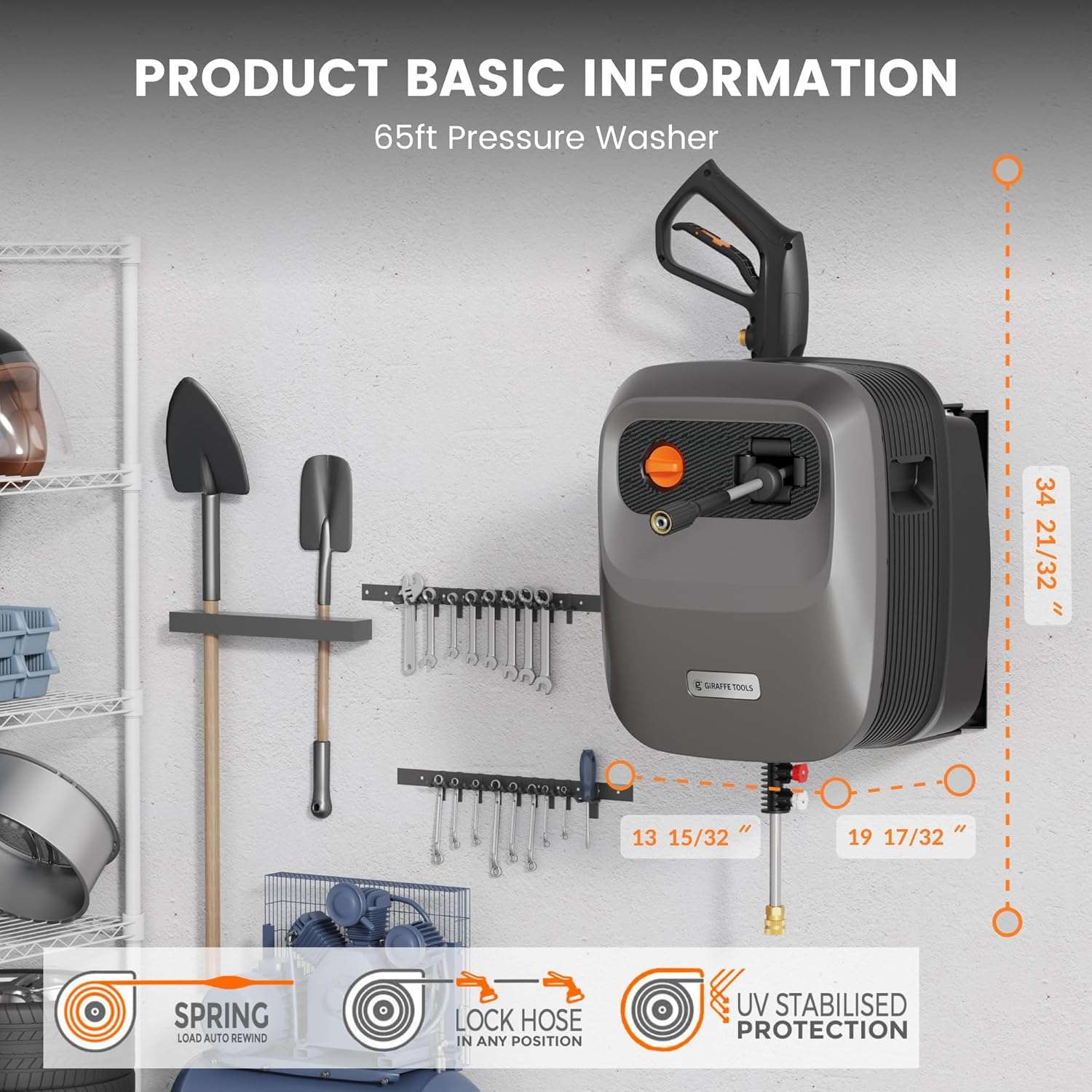 Giraffe Tools Grandfalls Pressure Washer G20 Pro, 2400 PSI 2.0 GPM, Wall Mounted Power Washer with 65FT Hose Reel, 4 Nozzles for Floor/Cars/Fences/Patios, Dark Silver - Image 5