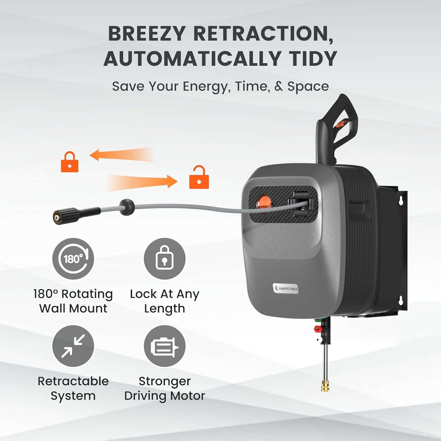 Giraffe Tools Grandfalls Pressure Washer G20 Pro, 2400 PSI 2.0 GPM, Wall Mounted Power Washer with 65FT Hose Reel, 4 Nozzles for Floor-Cars-Fences-Patios, Dark Silver - 3