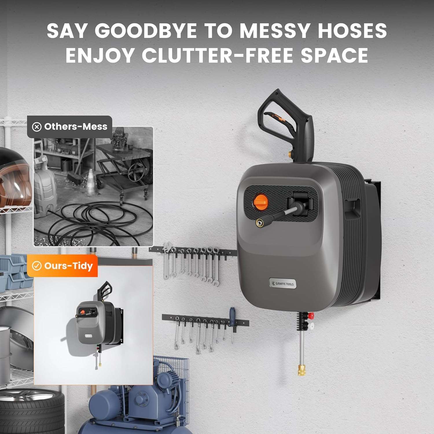 Giraffe Tools Grandfalls Pressure Washer G20 Pro, 2400 PSI 2.0 GPM, Wall Mounted Power Washer with 65FT Hose Reel, 4 Nozzles for Floor-Cars-Fences-Patios, Dark Silver - 4