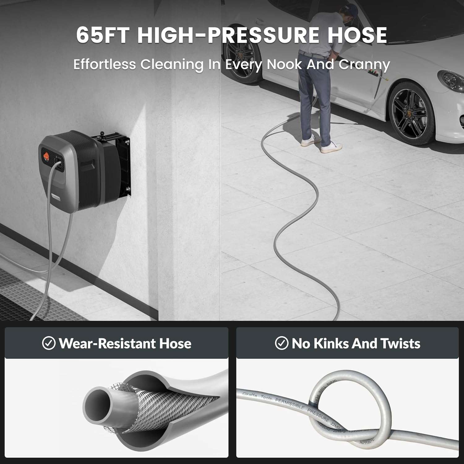 Giraffe Tools Grandfalls Pressure Washer G20 Pro, 2400 PSI 2.0 GPM, Wall Mounted Power Washer with 65FT Hose Reel, 4 Nozzles for Floor-Cars-Fences-Patios, Dark Silver - 5