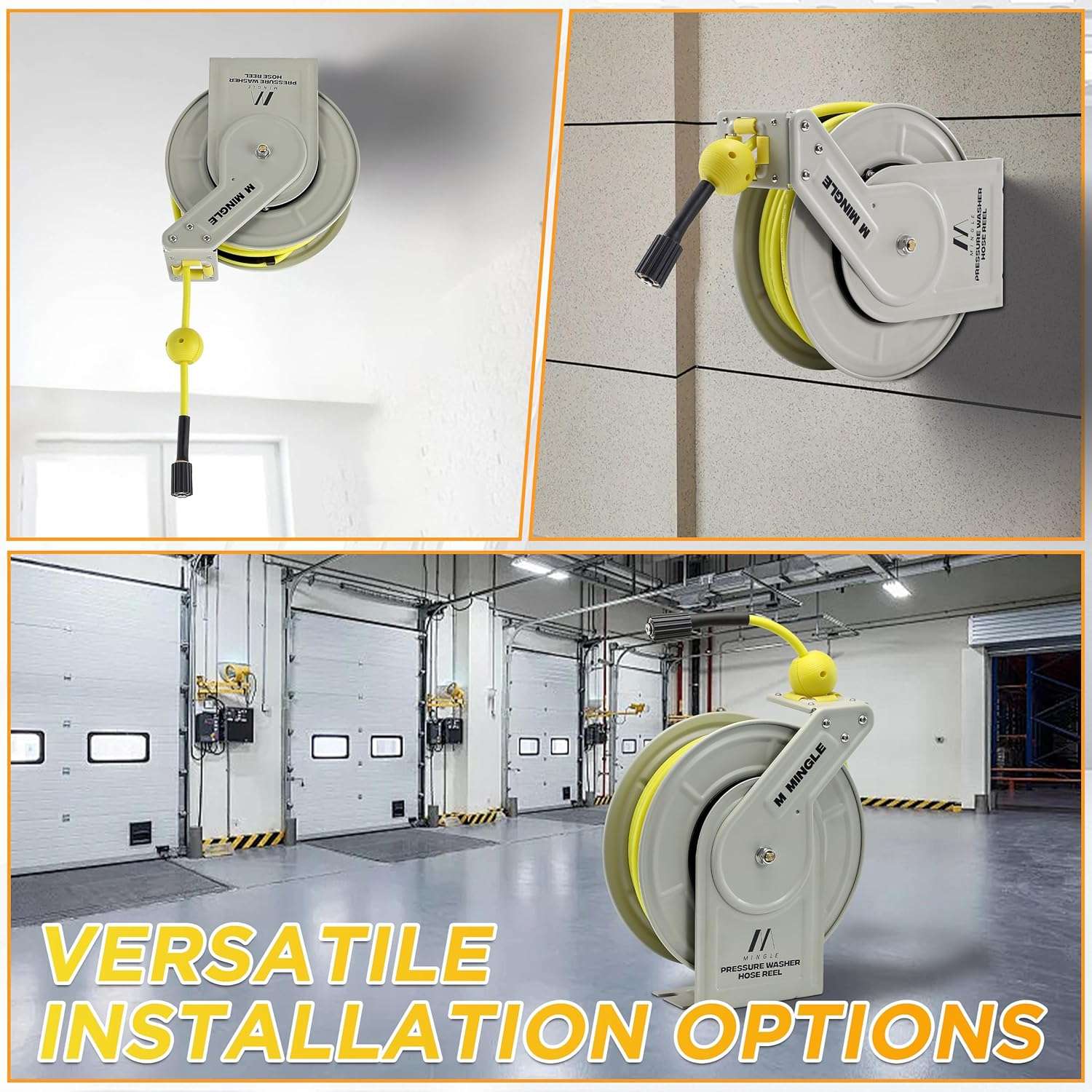 M MINGLE Retractable Pressure Washer Hose Reel, 1-4 × 60ft Heavy Duty Professional Hose Reel, Auto Rewind Power Washer Hose Reel, Wall-Floor Mounted, 3600 PSI - 2